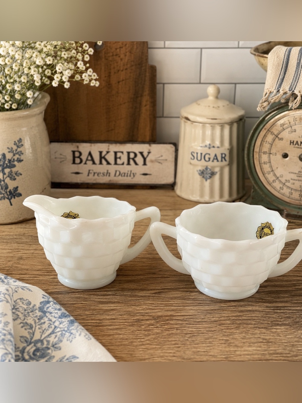 Vintage Hazel Atlas White Milk Glass Creamer & Sugar Bowl Set